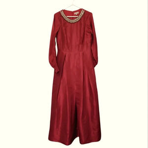 Laura Red Satin Maxi Dress With Pearl Collar size medium